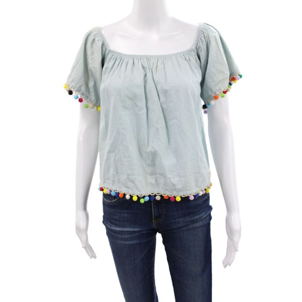 Hot & Delicious Women Cropped Blue Square Neck Blouse Short Sleeve Size S